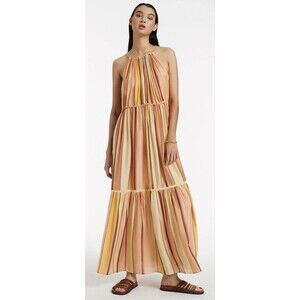 JETS Australia Fira Stripe Maxi Dress Marigold US 6 Small Resort Tiered Halter